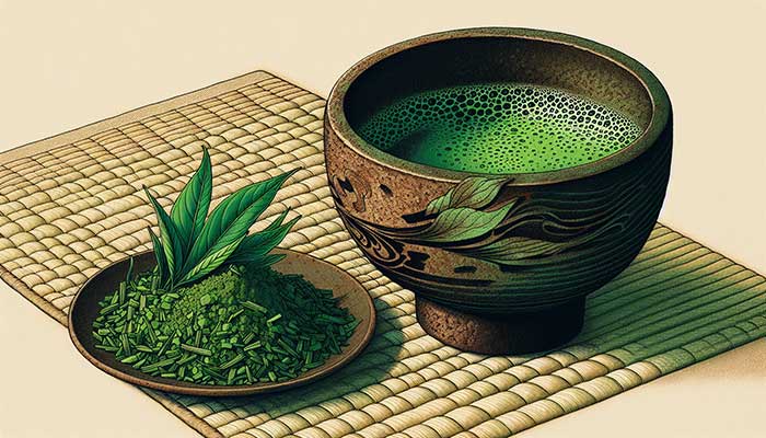 Eine-Illustration-von-Matcha-Teeblättern-und-einer-traditionellen-Matcha-Schale